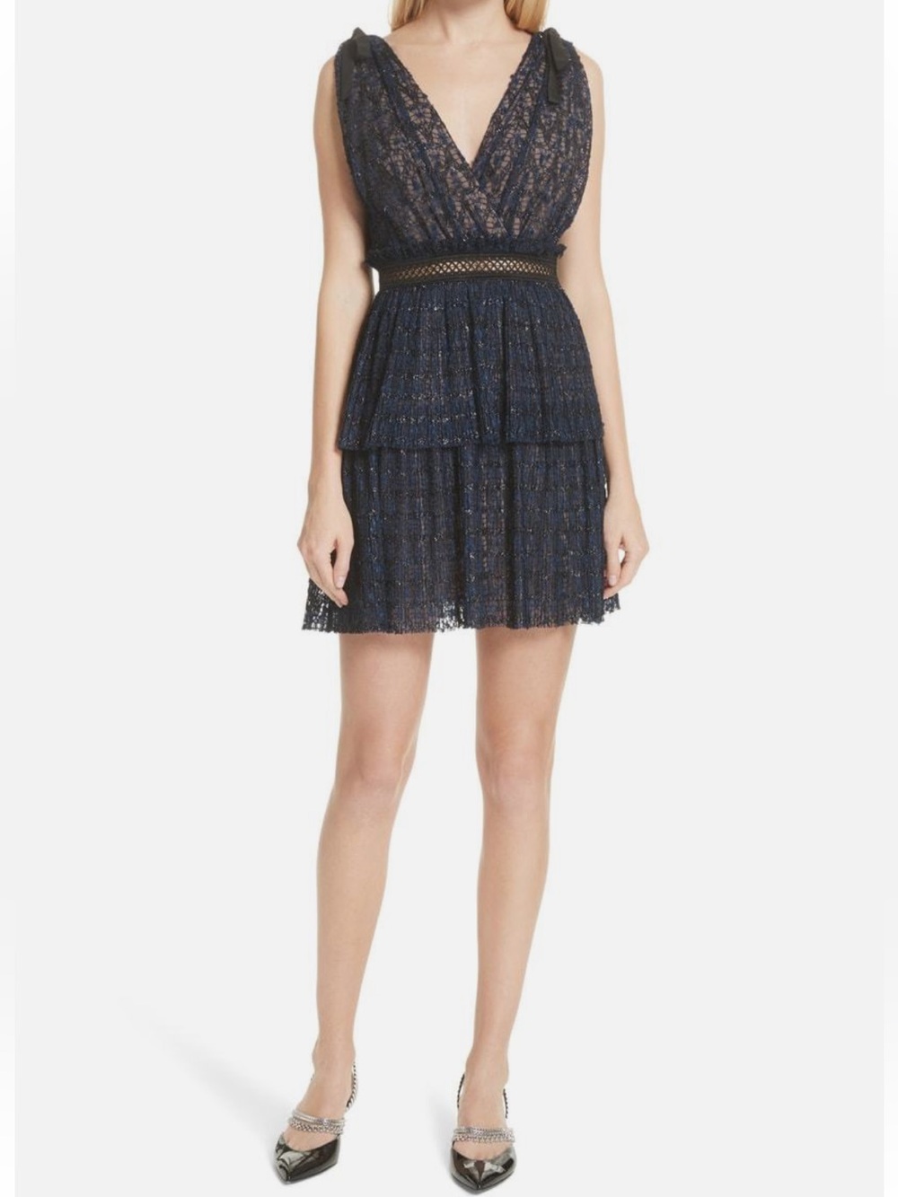 SELF PORTRAIT Navy Lace Tiered V-Neck Mini Dress